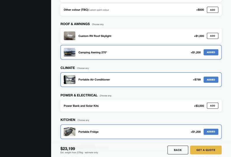 Screenshot of the On Back Campers online builder